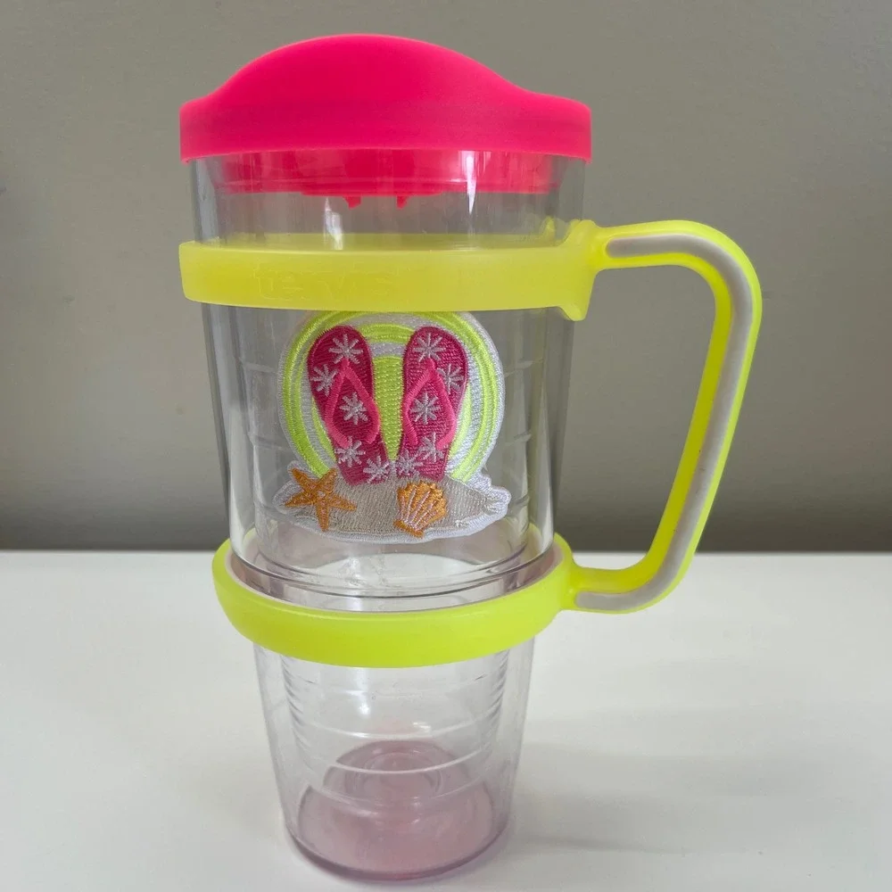 Tervis 24oz Insulated Tumbler w/ Lid & Handle Flip Flops Beach Neon Pink Yellow